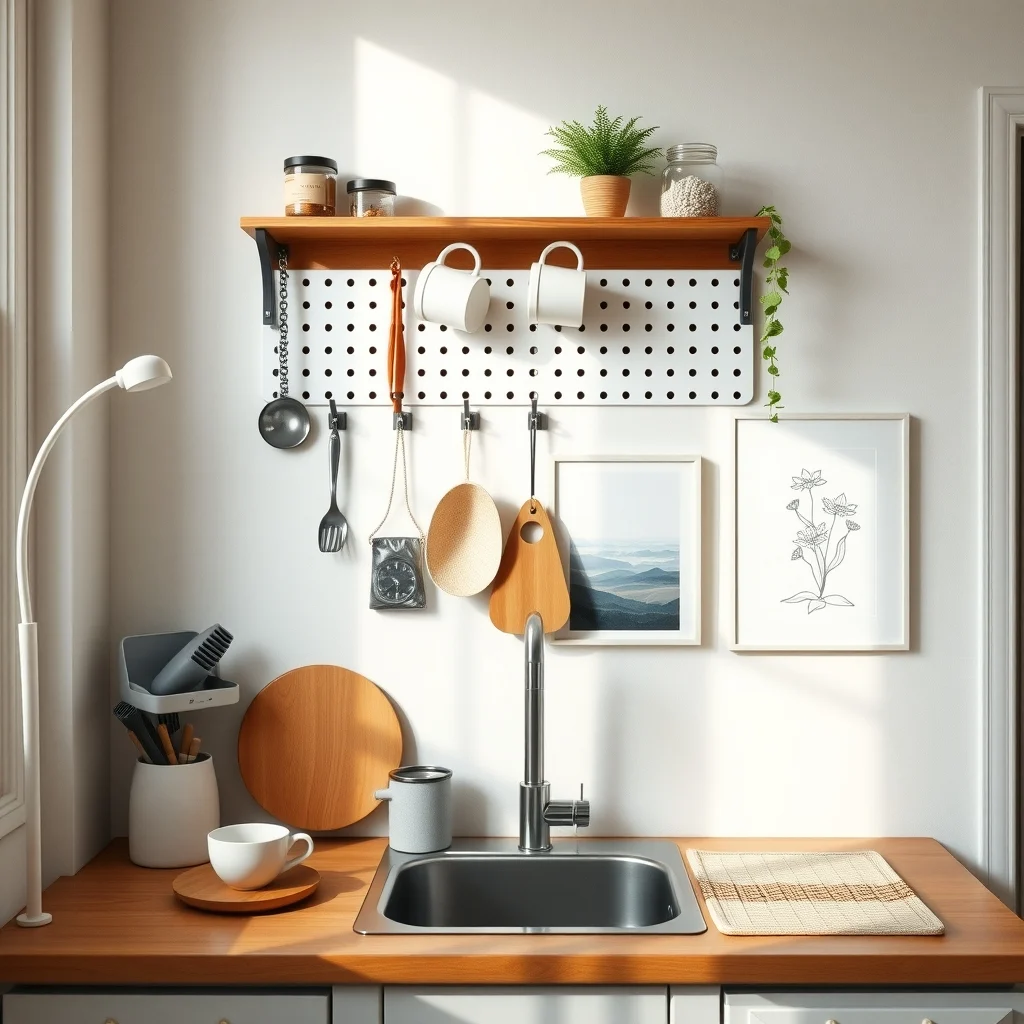 Kitchen Counter Organization Ideas That Keep Your Space Looking Clean interior: 6. Hang a compact pegboard for mugs and utensils - A small pegboard mounted on the wall above the countertop provides flexible storage for items that would otherwise sit on the surface. By arranging hooks in a pattern that matches your daily routine—perhaps a mug