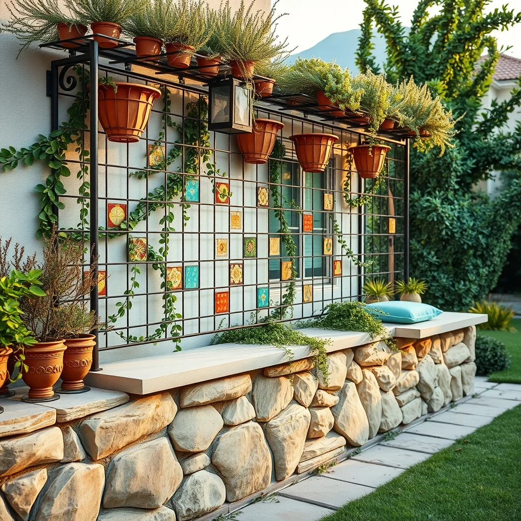 Low stone wall embedding a metal trellis with colorful mosaic accents thyme herbs spilling over Mediterranean palette of terracotta and teal tiles golden hour glow seating ledge inviting side view composition