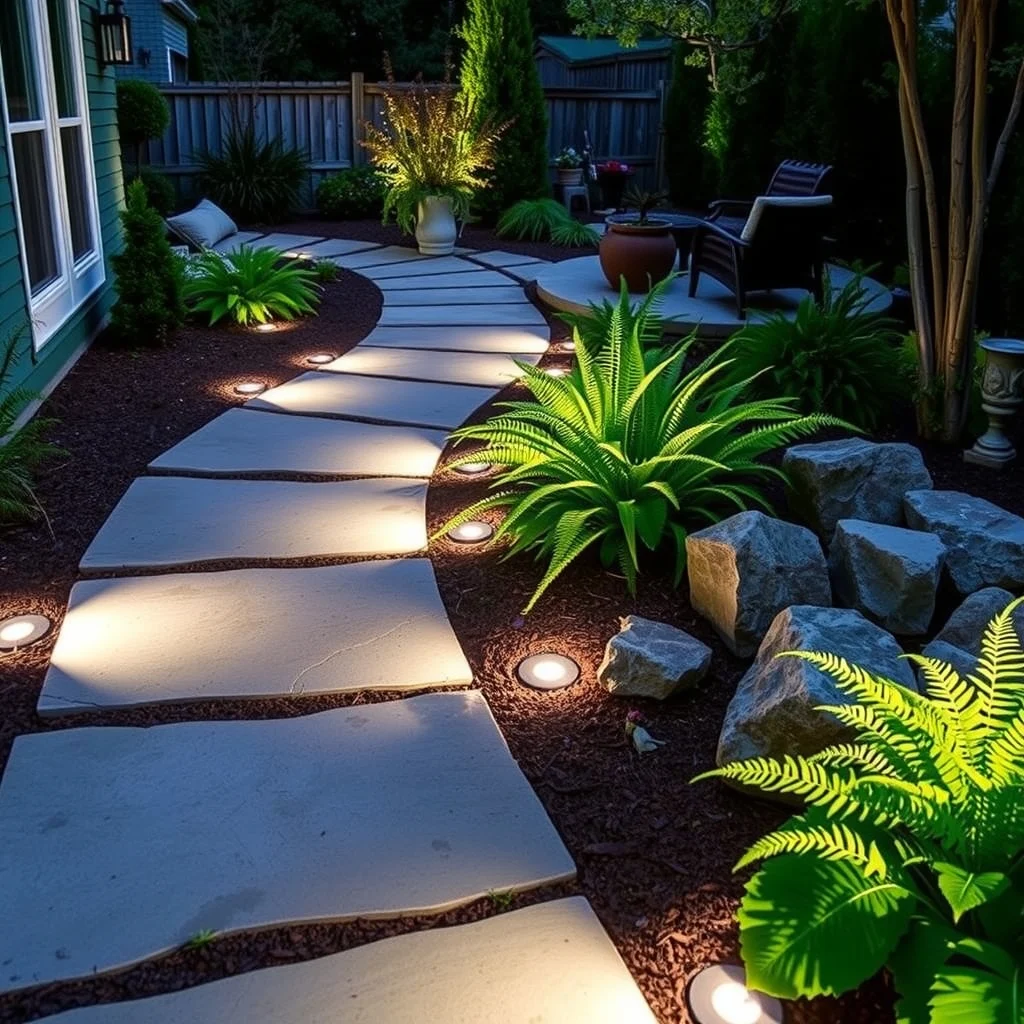 Meandering stone pathway lined with low profile flush mount LED step lights emitting a cool white glow that outlines each slab guiding visitors through lush ferns and moonlit garden beds