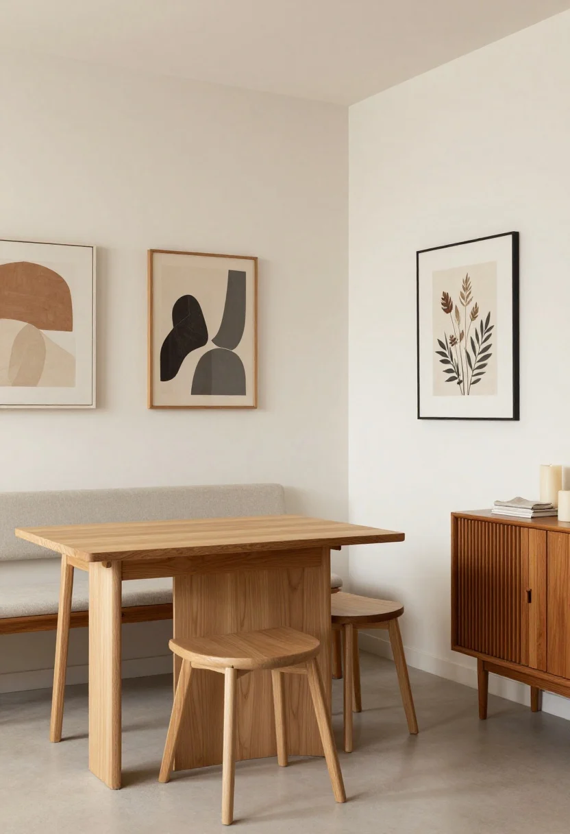 minimalist dining room ideas - Medium shot: A compact dining corner showcasing a light wood