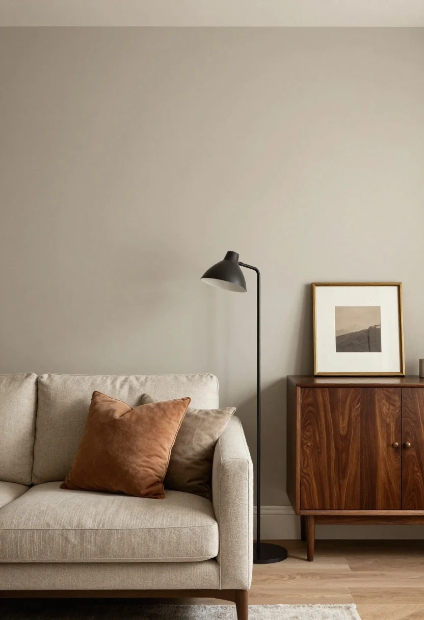 Medium shot: A living room wall painted in a warm-neutral palette inspired by Farrow & Ball Skimming Stone or Benjamin Moore Classic Gray, with an oatmeal sofa and muted earthy accents—camel pillow, a single rust-toned cushion, and a slim blackened steel floor lamp. Warm brass picture frame with matte finish on the console. Gentle contrast, creamy light quality, photorealistic textures, no high-gloss surfaces.