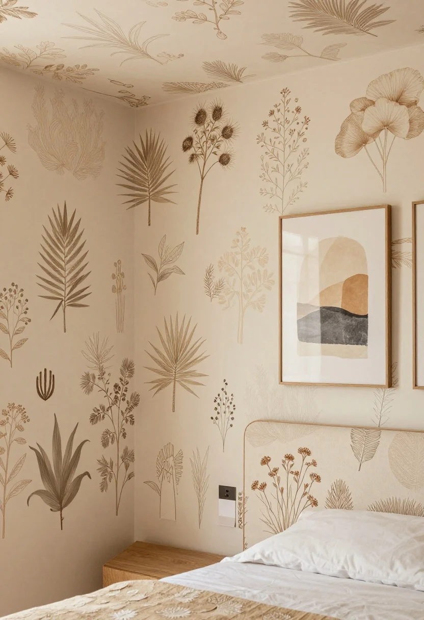 boho bedroom decor ideas - Medium shot: A renter-friendly accent wall behind the bed covered