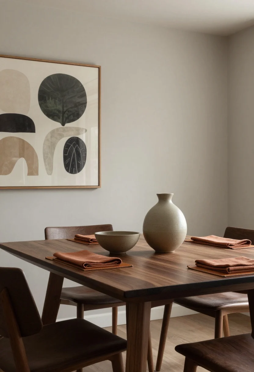 minimalist dining room ideas - Medium shot: A serene dining vignette with soft greige walls