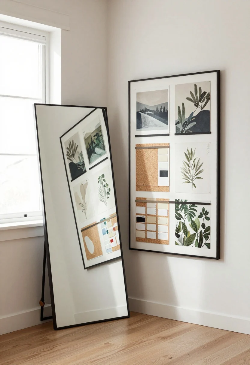 boho bedroom decor ideas - Medium shot: Art without holes—an oversized floor mirror leaning safely,