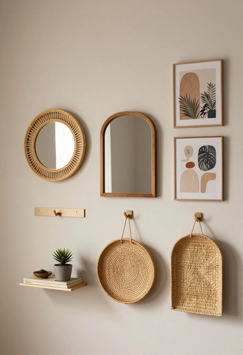 boho bedroom decor ideas - Medium shot: Command-hook gallery wall using removable hooks and strips—round