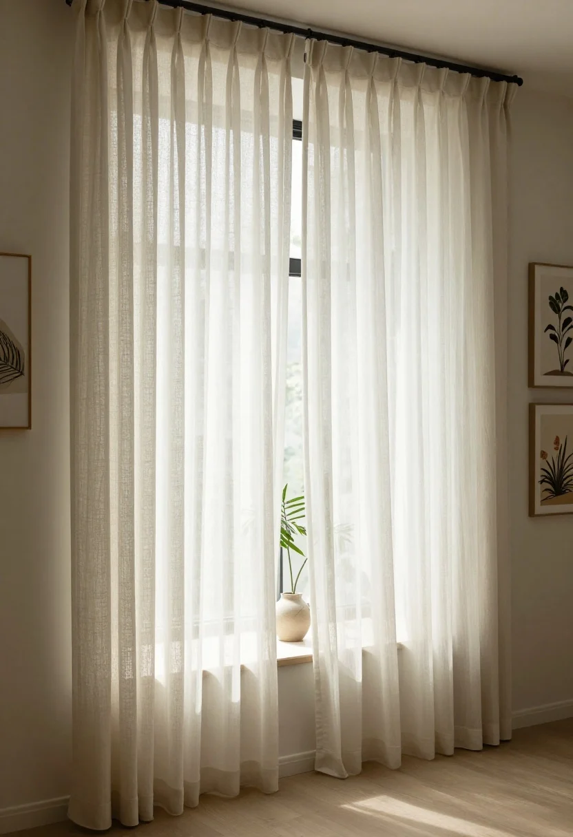 boho bedroom decor ideas - Medium shot: Cozy window moment—tension-rod gauzy sheers layered with thermal