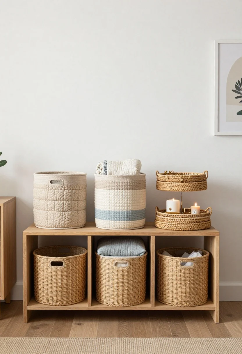 boho bedroom decor ideas - Medium shot: Elevated storage vignette—underbed low-profile lidded baskets for quilts,