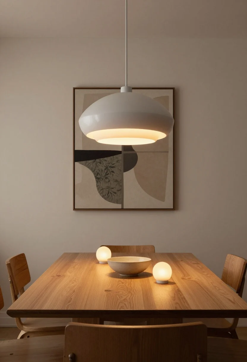 minimalist dining room ideas - Medium shot focused on lighting: A minimalist dining table under