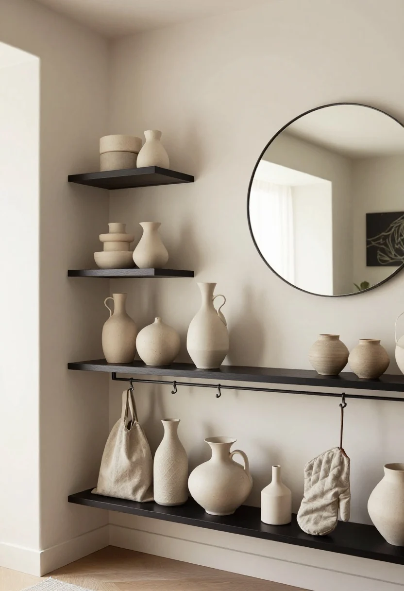 minimalist dining room ideas - Medium shot from a corner angle: Vertical storage that doubles