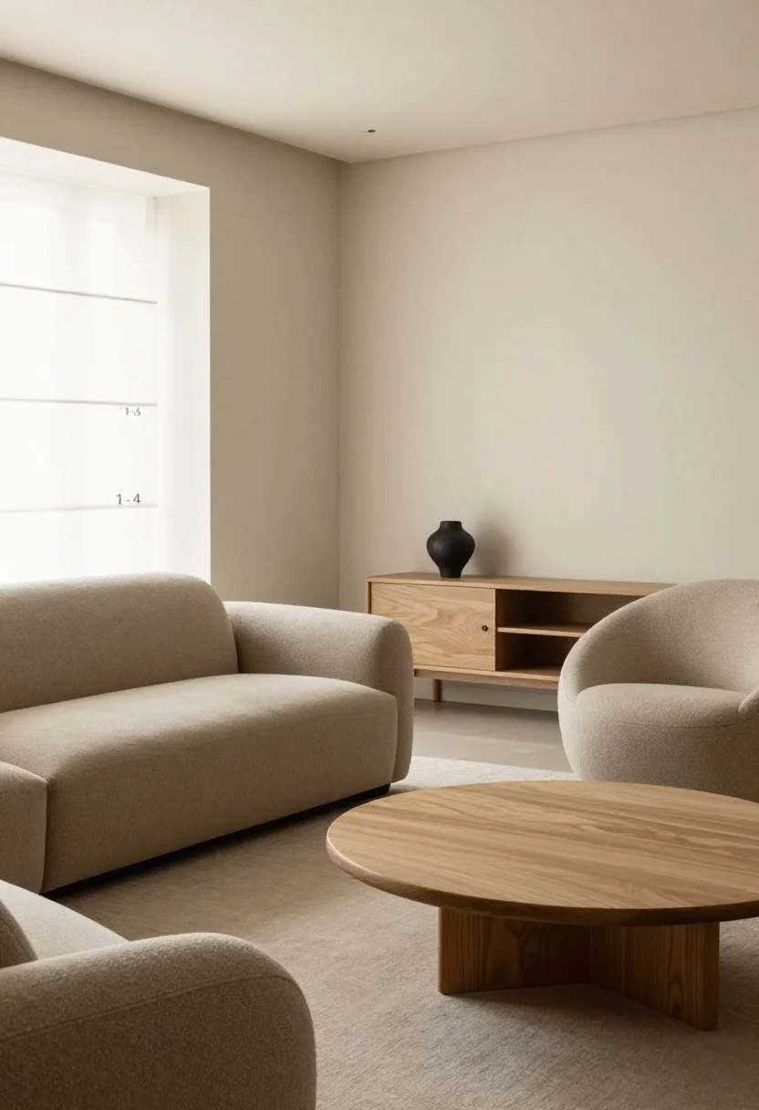 Medium shot from corner angle: Sculptural, low-profile furniture—generous sofa with a bench seat cushion, slender arms, in taupe bouclé; a Womb-chair-inspired rounded lounge chair; and an oval light-oak coffee table with soft corners. Floating media cabinet keeps clutter hidden. Clear 14–18 inches between sofa and coffee table. Calm warm-neutral palette, soft natural light, open sightlines.