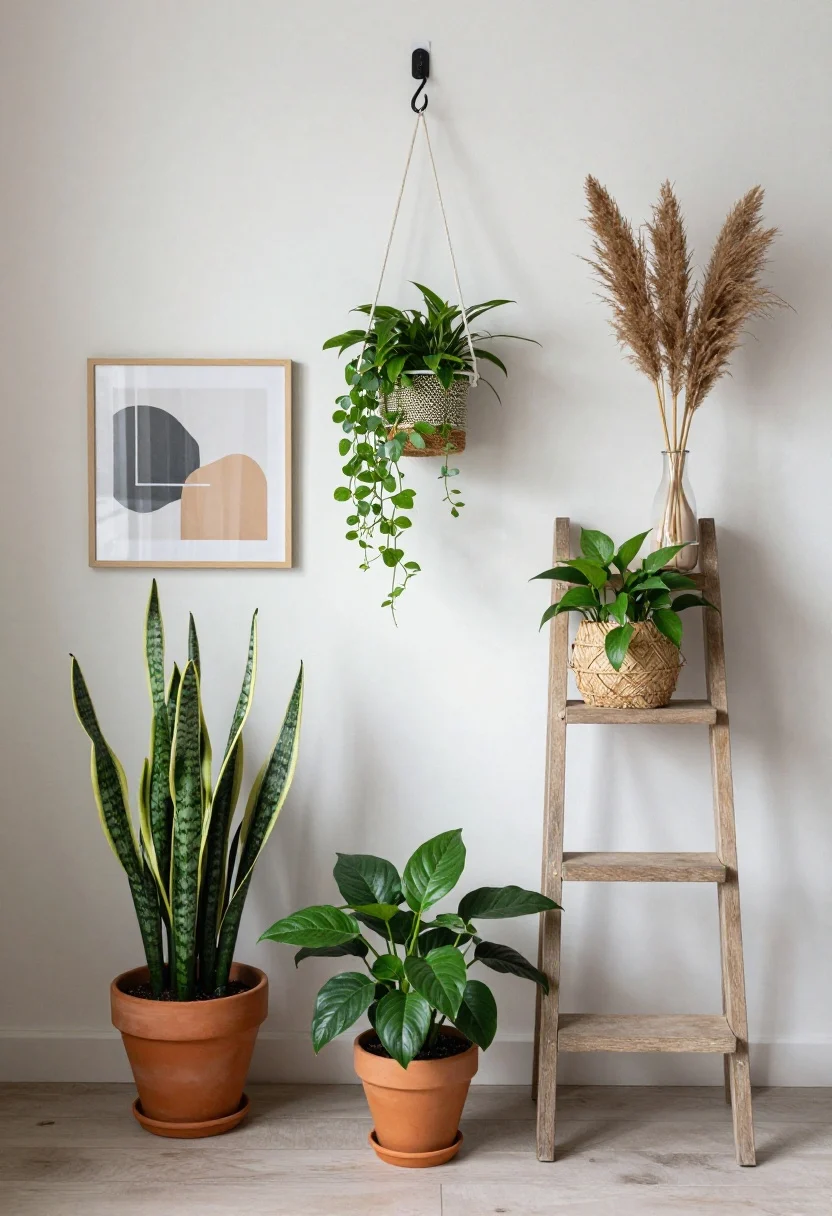 boho bedroom decor ideas - Medium shot: Low-light plant corner—snake plant, pothos, and ZZ plant