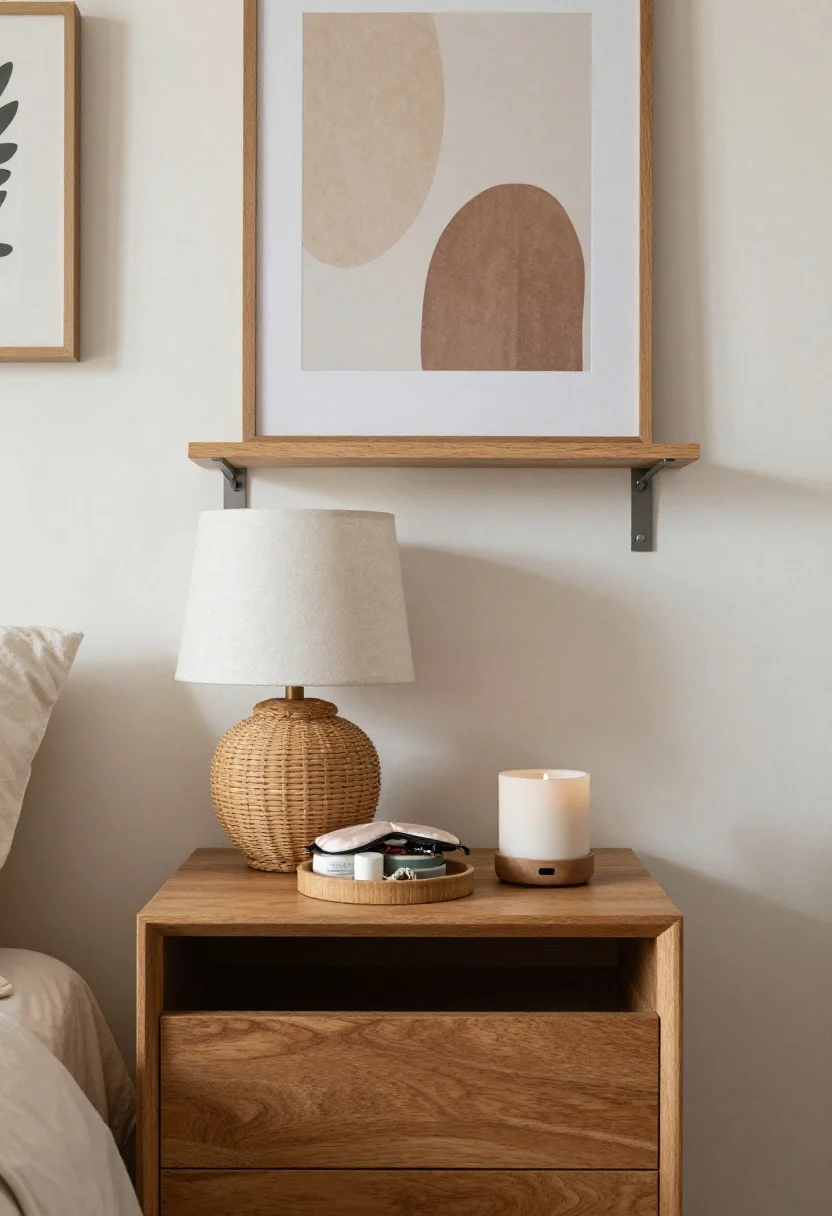 boho bedroom decor ideas - Medium shot: Nightstand that works overtime—closed-storage nightstand with drawer, a
