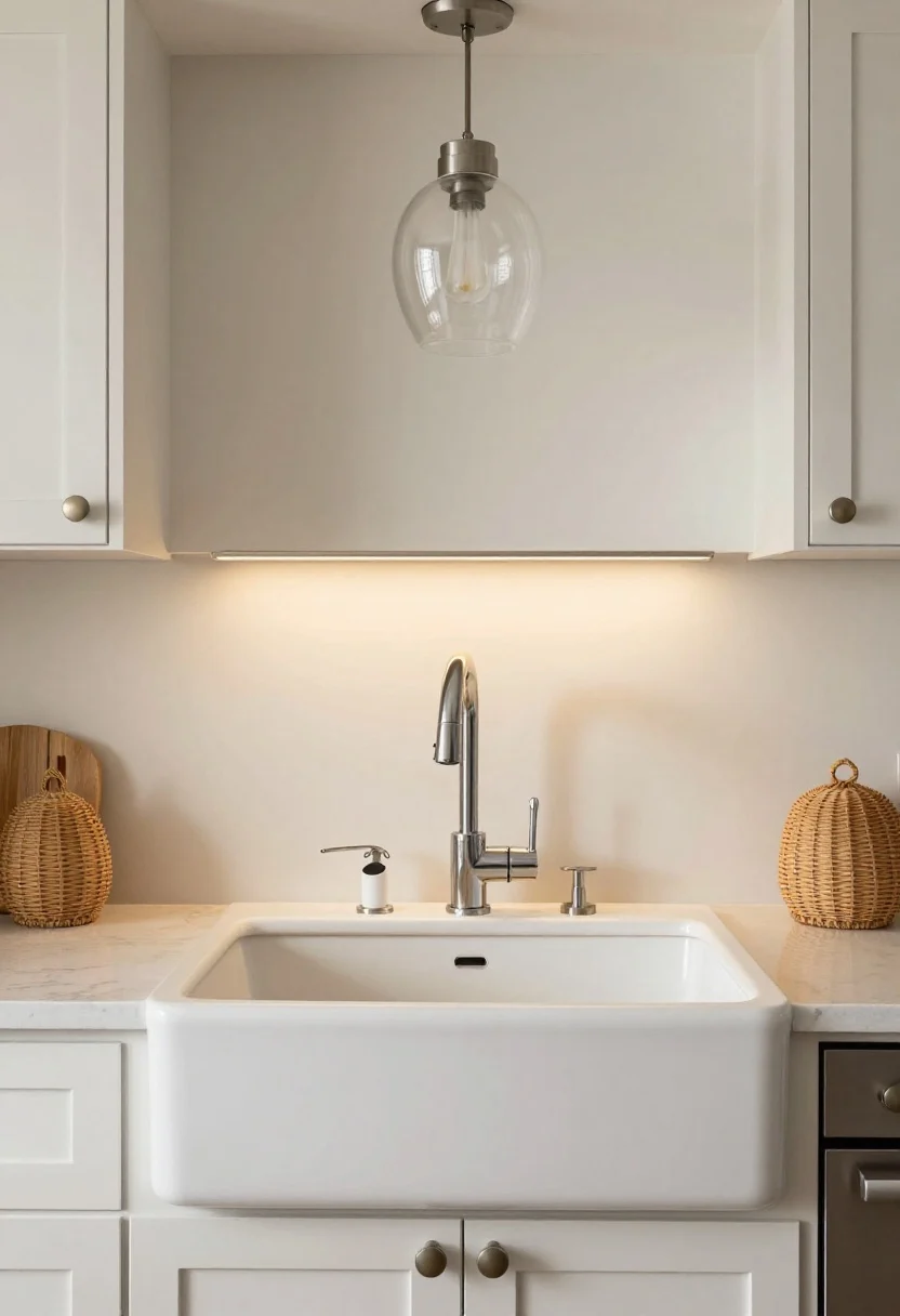 coastal kitchen makeover ideas - Medium shot of a kitchen sink wall highlighting subtle coastal