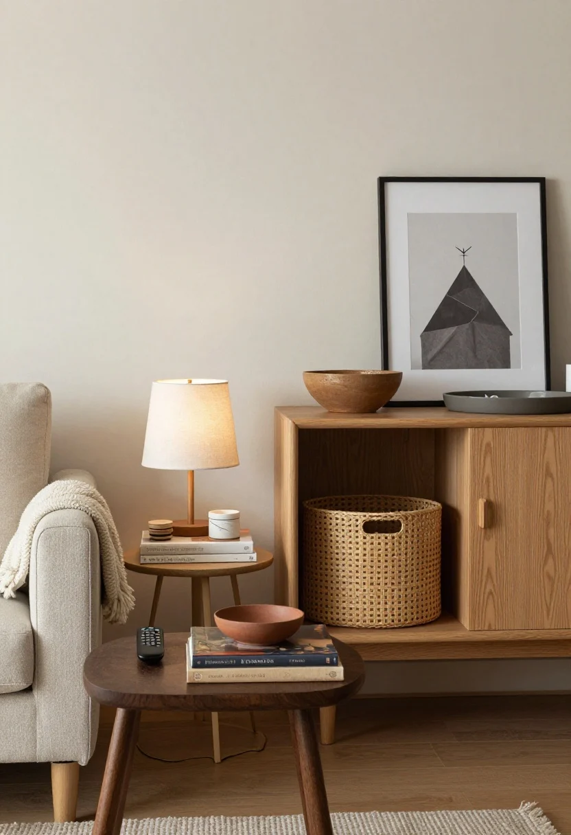 Medium shot of functional vignette zones: Coffee table styled with intention—two large art books, a small clay catchall bowl for remotes, and one sculptural object. Beside the sofa: a slim side table with a linen-shade lamp, a coaster set, and a plush throw within reach. At the console: a lidded basket below, a matte tray on top, and one framed piece above. Closed-front sideboard for kid/pet-friendly storage. Warm, uncluttered, practical calm.