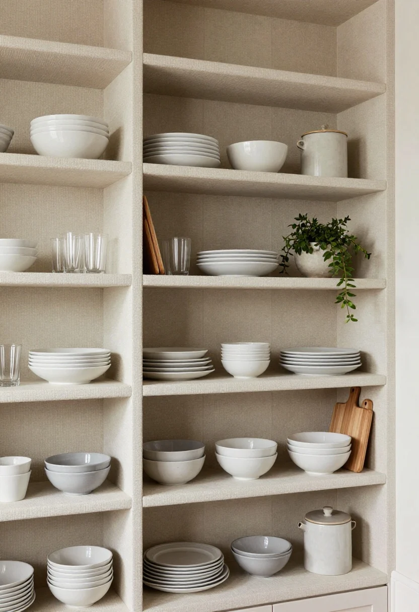 coastal kitchen makeover ideas - Medium shot of open shelving that’s curated and organized: white