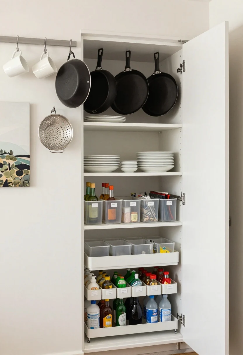 coastal kitchen makeover ideas - Medium shot of shipshape storage along a galley wall: a