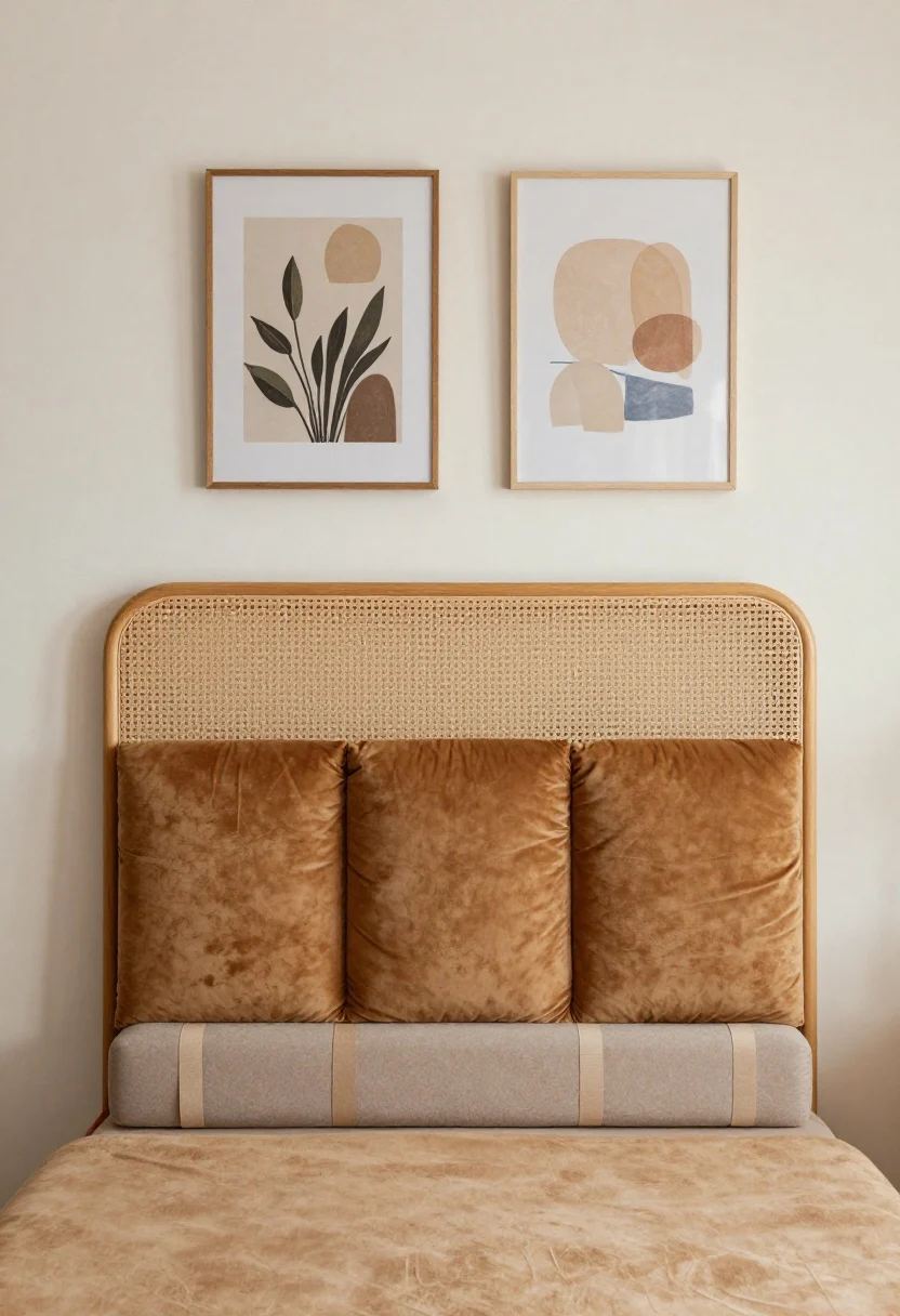 boho bedroom decor ideas - Medium shot: Renter-friendly headboard solutions—freestanding rattan headboard slid behind the