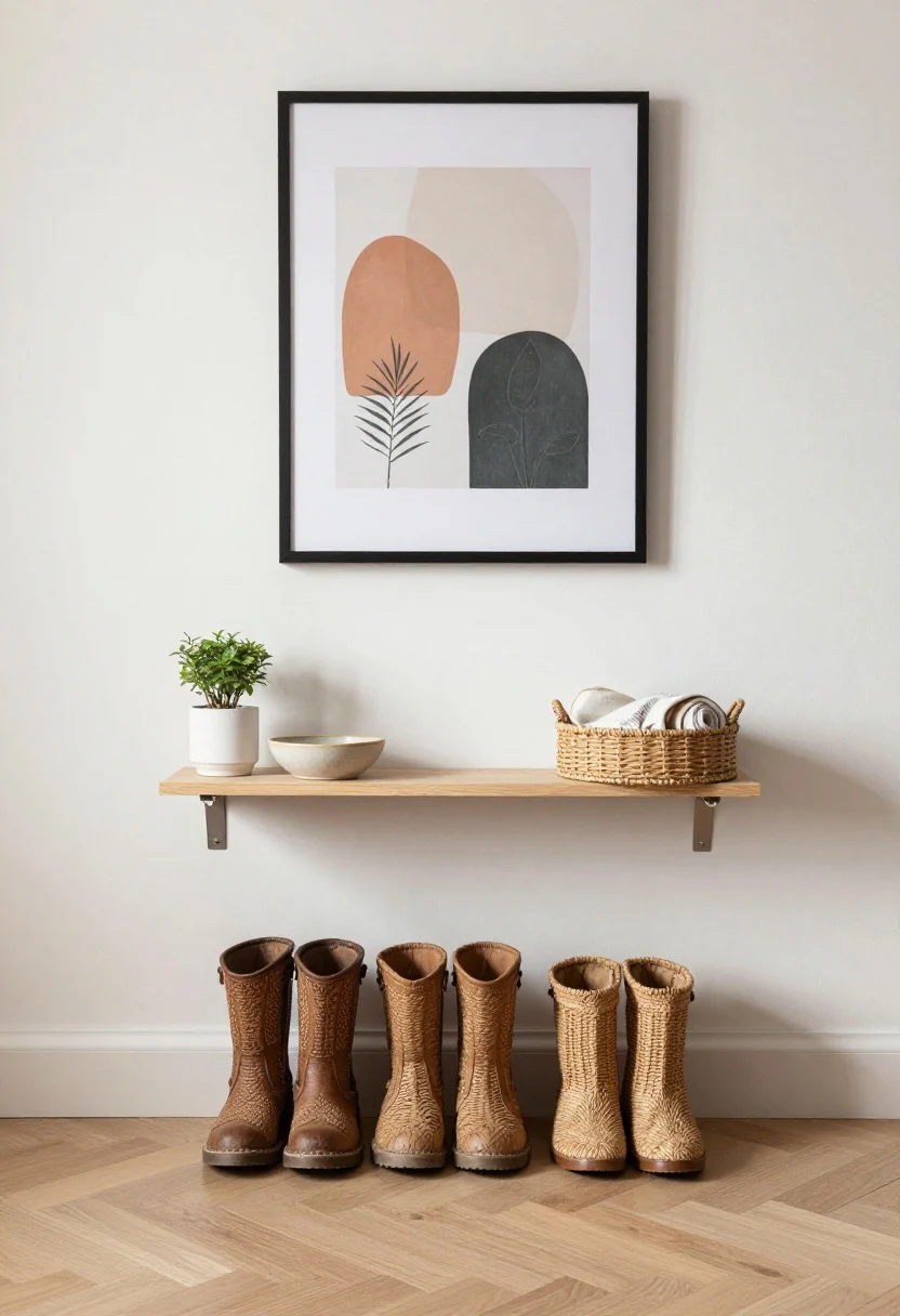 boho bedroom decor ideas - Medium shot: Soft landing zone by the bedroom entry—a woven