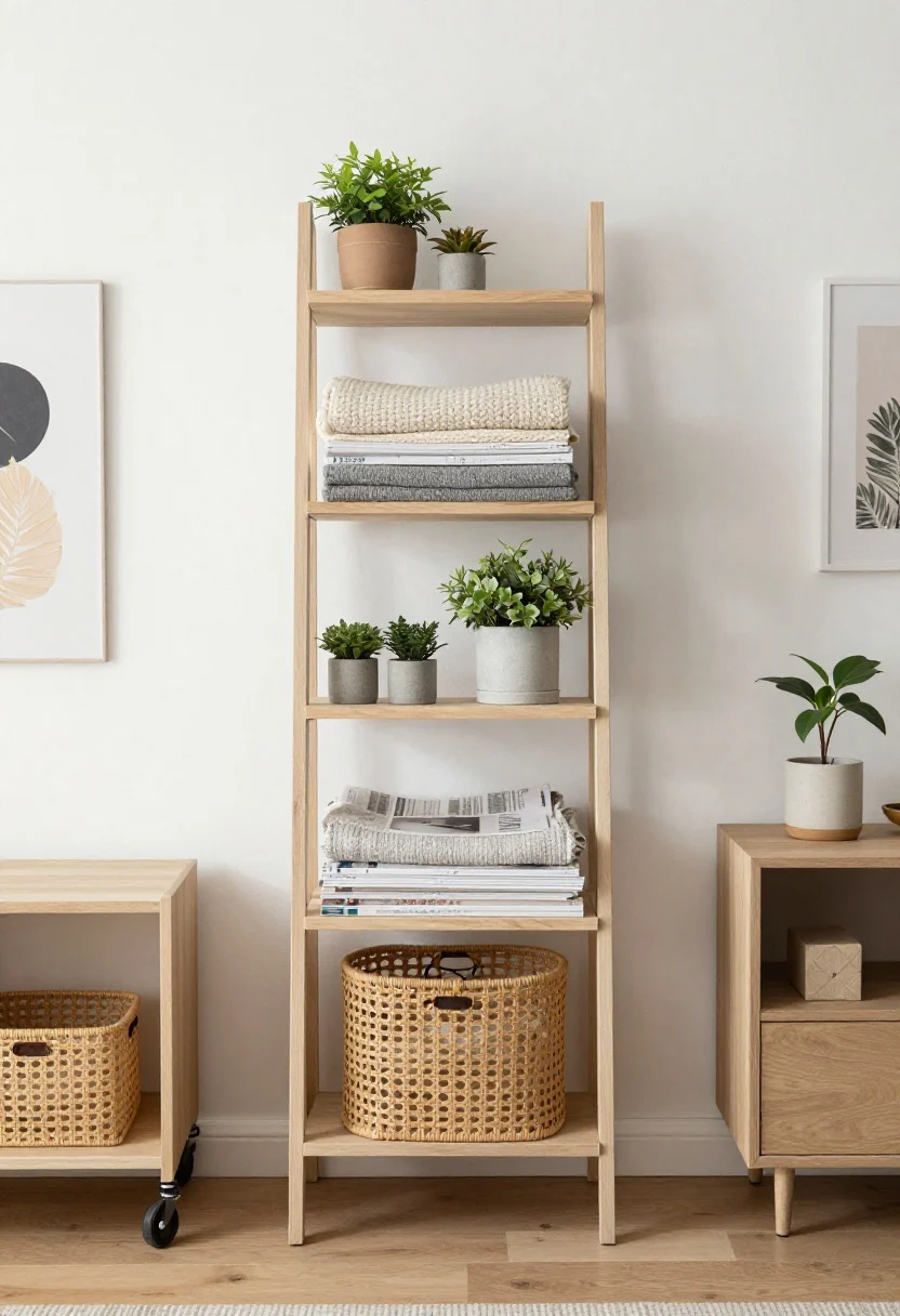 boho bedroom decor ideas - Medium shot: Vertical storage without screws—lean ladder shelf displaying folded