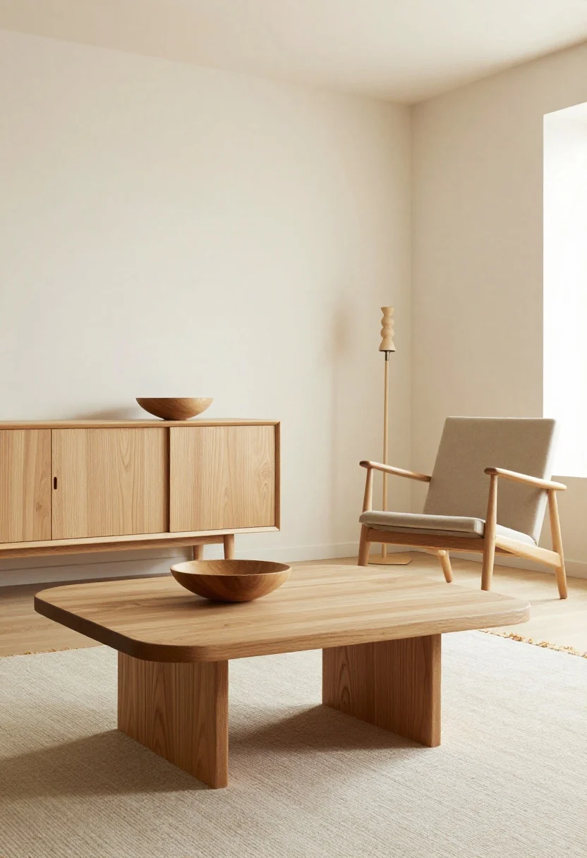 Medium-wide shot: Room anchored by natural wood—light oak coffee table with soft curved edges, a slim oak console, and a framed lounge chair with oak arms. Pale area rug with a natural fiber edge lightens the floor. Small details echo the wood tone: a turned oak lamp base and a shallow wood bowl on the console. Warm, even daylight, cohesive repetition of one dominant wood tone.