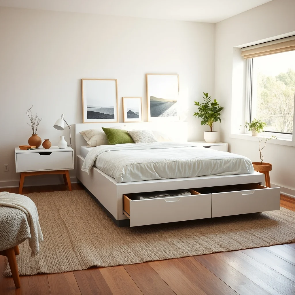 Mid century modern platform bed featuring built in white lacquer drawers clean lines and a recessed storage compartment beneath the mattress