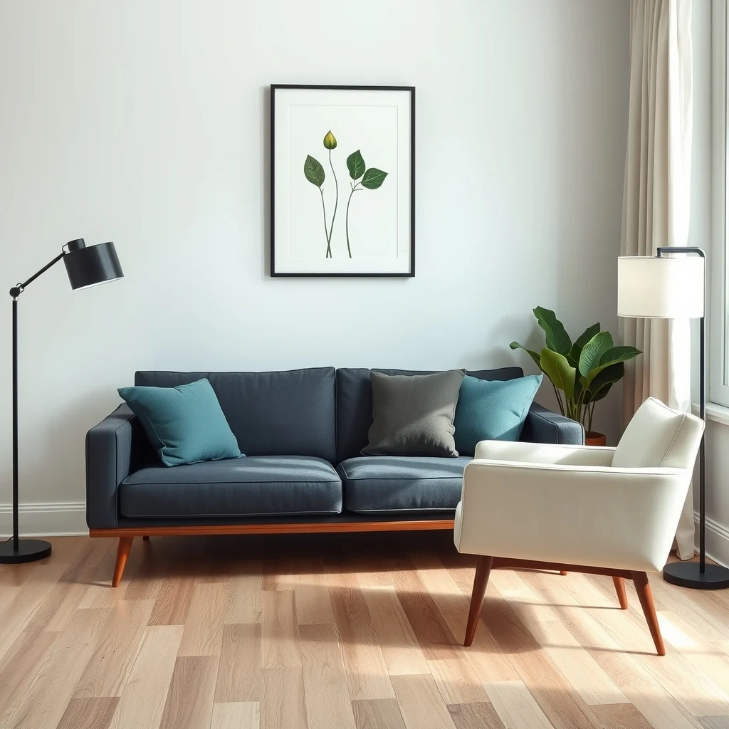 Mid-century modern space low-profile charcoal sofa with tapered walnut paired with sleek ivory armchair muted teal accent pillows matte black floor lamp subtle natural daylight botanical abstract print above sofa