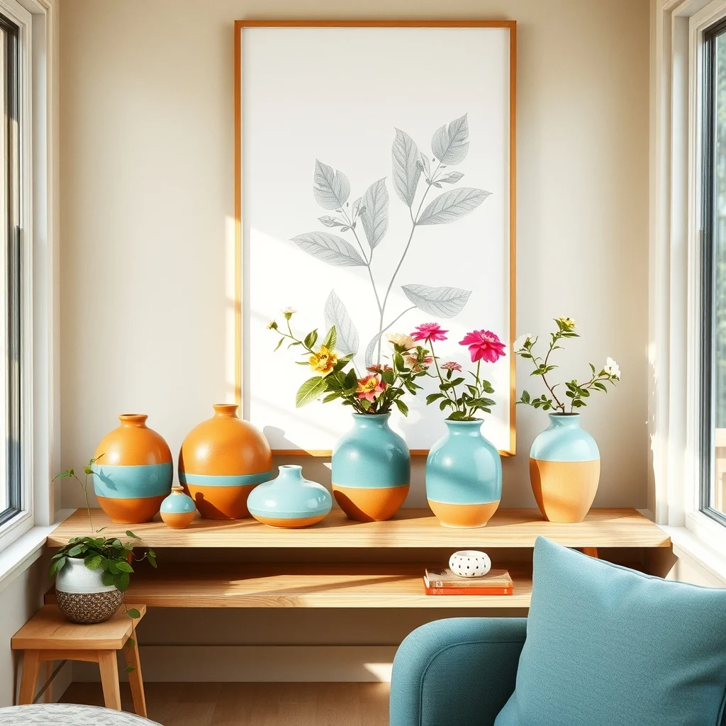 Mid century modern sunroom displaying terracotta and glazed teal ceramic containers on a light walnut shelf filled with blooming perennials soft natural light and a subtle abstract botanical print behind wide composition