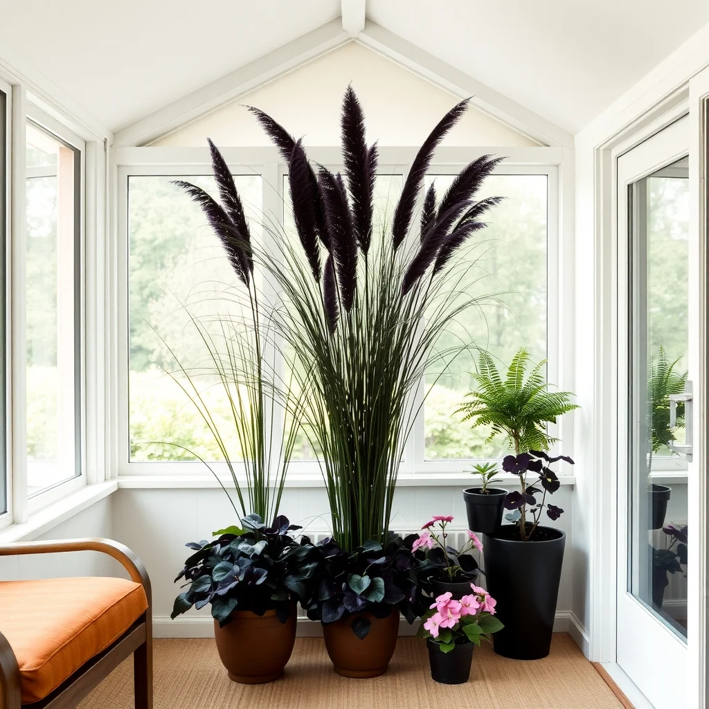 Mid century modern sunroom vignette shows three grouped black mondo grass clumps purple heart foliage and Black Pearl petunias in dark terracotta pots creating velvety texture under diffused skylight
