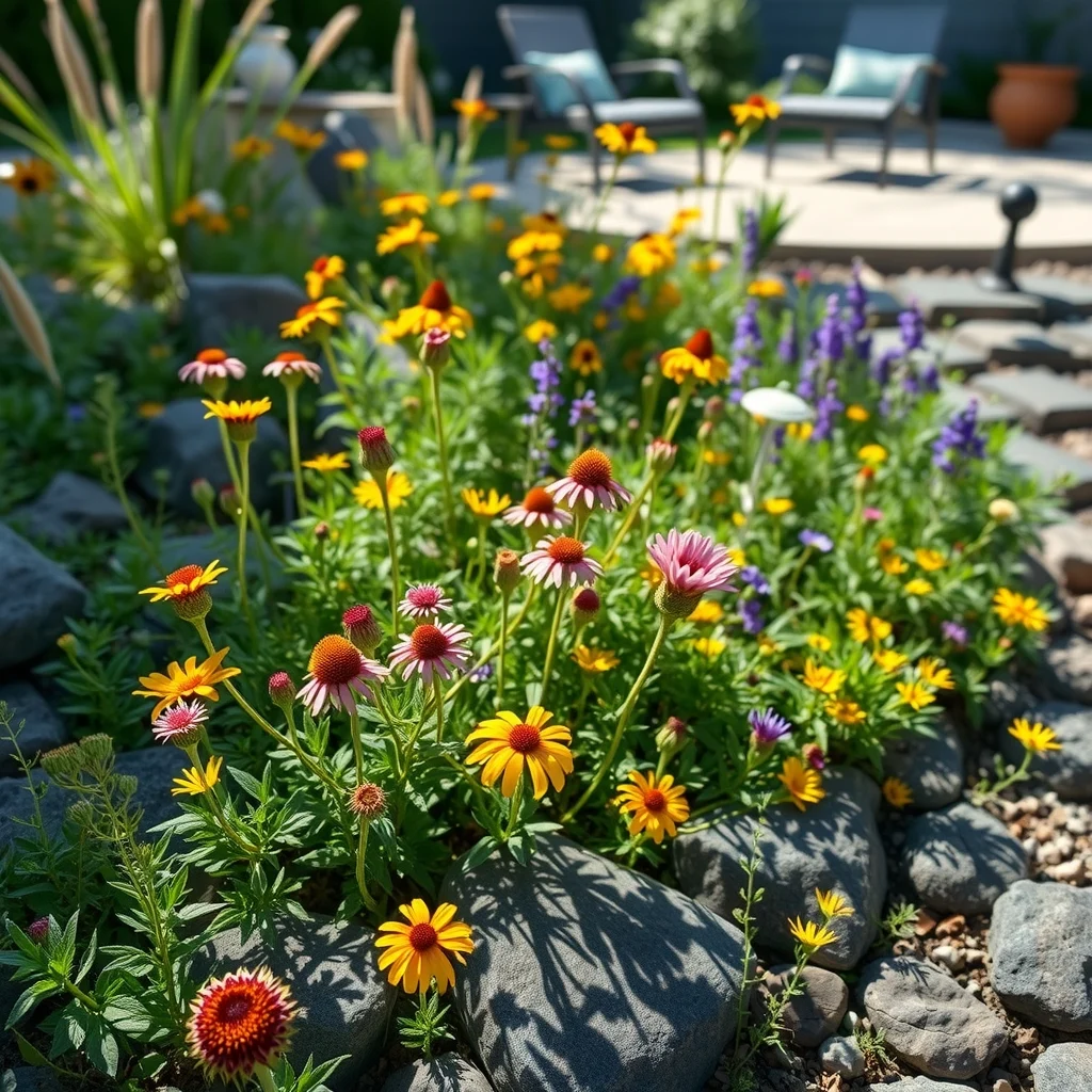 Mid range shot of a meadow patch with purple coneflower black eyed Susan prairie clover all under twelve inches tall bright yellows and purples spilling over dark stone dappled sunlight