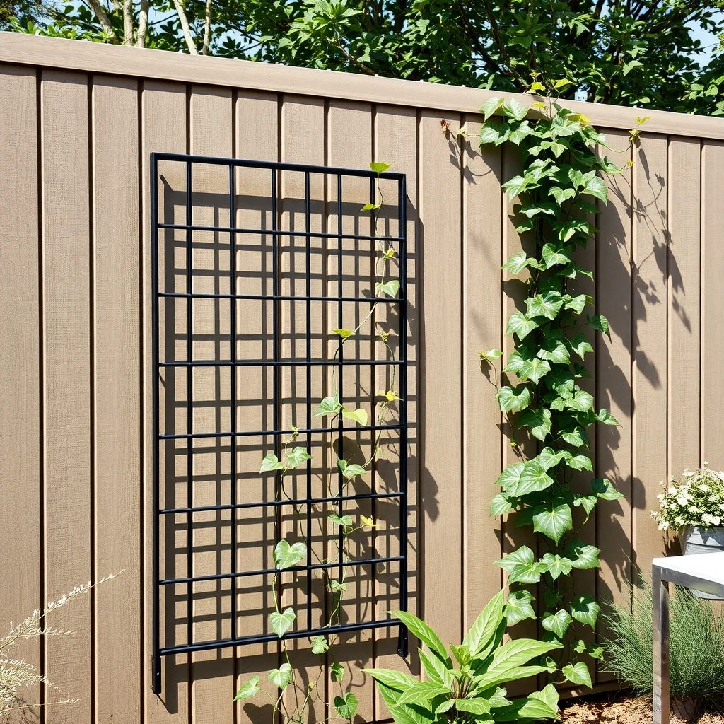 Minimalist black powder coated metal grid mounted on a garden fence thin intersecting bars casting subtle shadows climbing ivy trailing sleek contemporary style crisp midday illumination wide angle composition