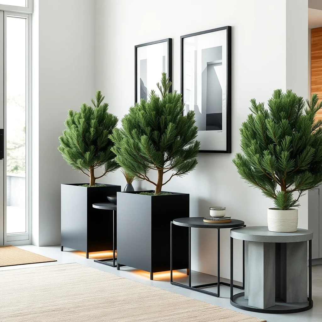 Minimalist entryway displays a row of matte black steel planters holding dwarf pine each paired with a charcoal gray concrete side table low ambient LED strip lighting highlights the containers sleek surfaces