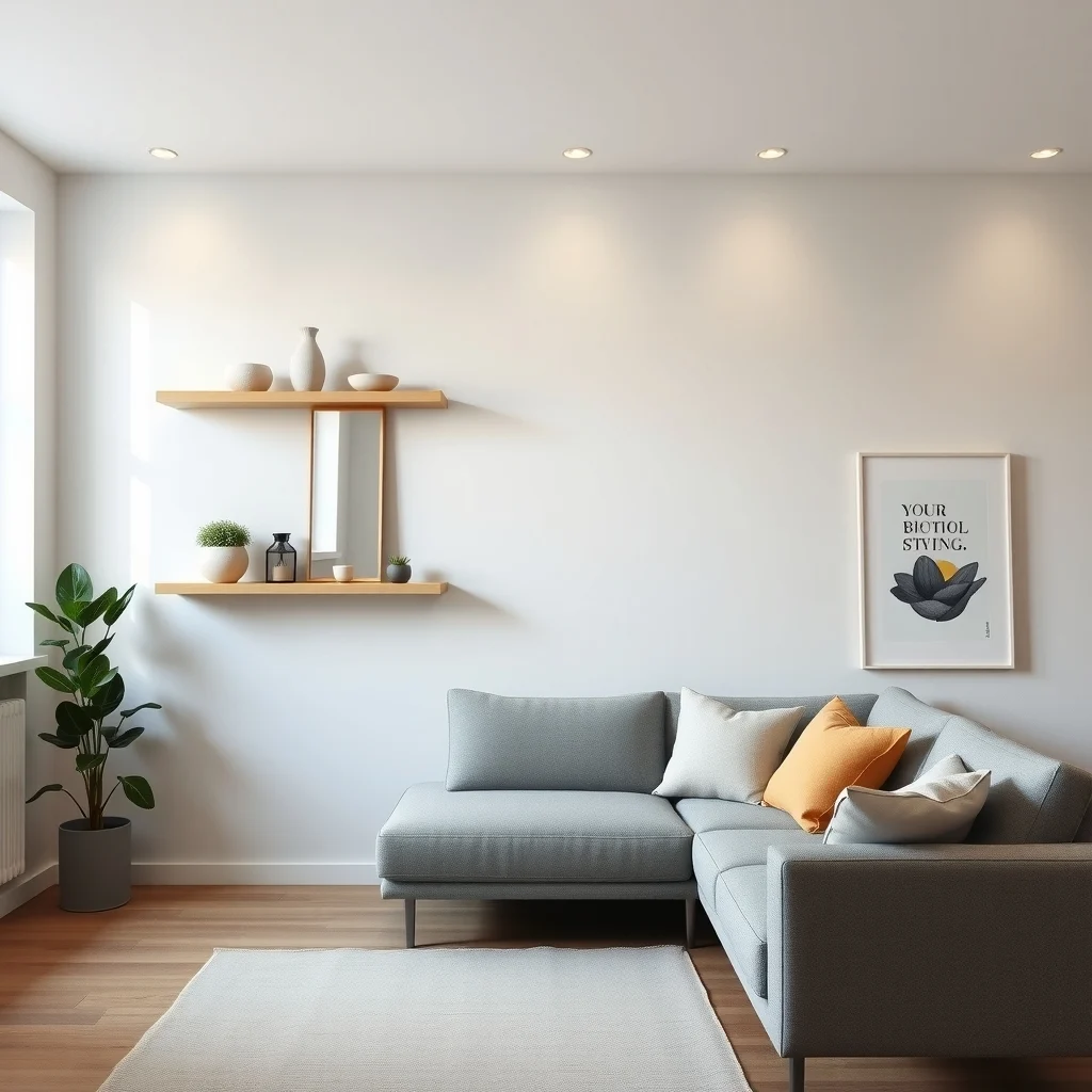 Minimalist room floating white oak shelves spanning wall holding ceramic vases small succulents and a slim vertical mirror neutral gray sofa recessed lighting casts soft glow abstract typography print nearby