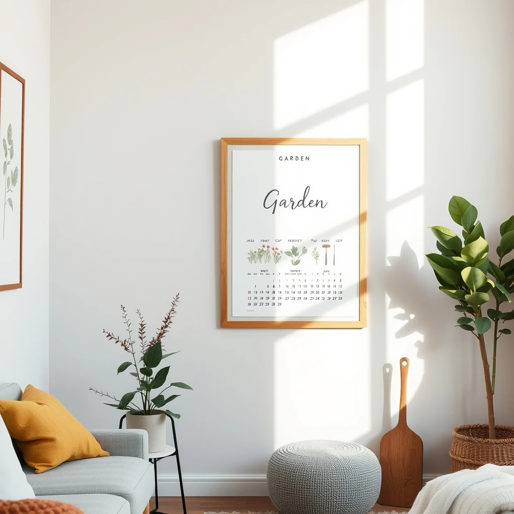 Minimalist wall-mounted garden calendar featuring abstract botanical typography pastel background soft daylight washing over the wooden frame hints of seed packets and tool suggest seasonal planning
