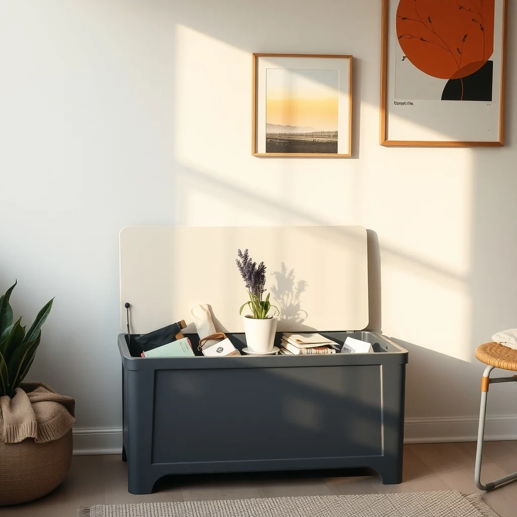 Minimalist waterproof resin storage bench in matte charcoal lid open revealing organized gardening tools and seed packets top adorned with a potted lavender sprig soft evening light accentuates contours