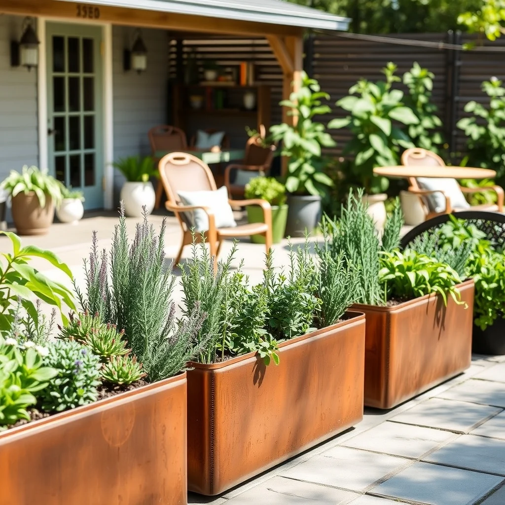 Modern Cottage Garden Ideas for a Natural and Relaxed Outdoor Look: 5. Weathered Metal Planters with Herb Gardens - Rectangular planters crafted from brushed copper or aged steel bring a subtle industrial note that contrasts nicely with the softer garden elements. Fill them with a selection of culinary herbs—such as thyme, rosemary, and chives—planted