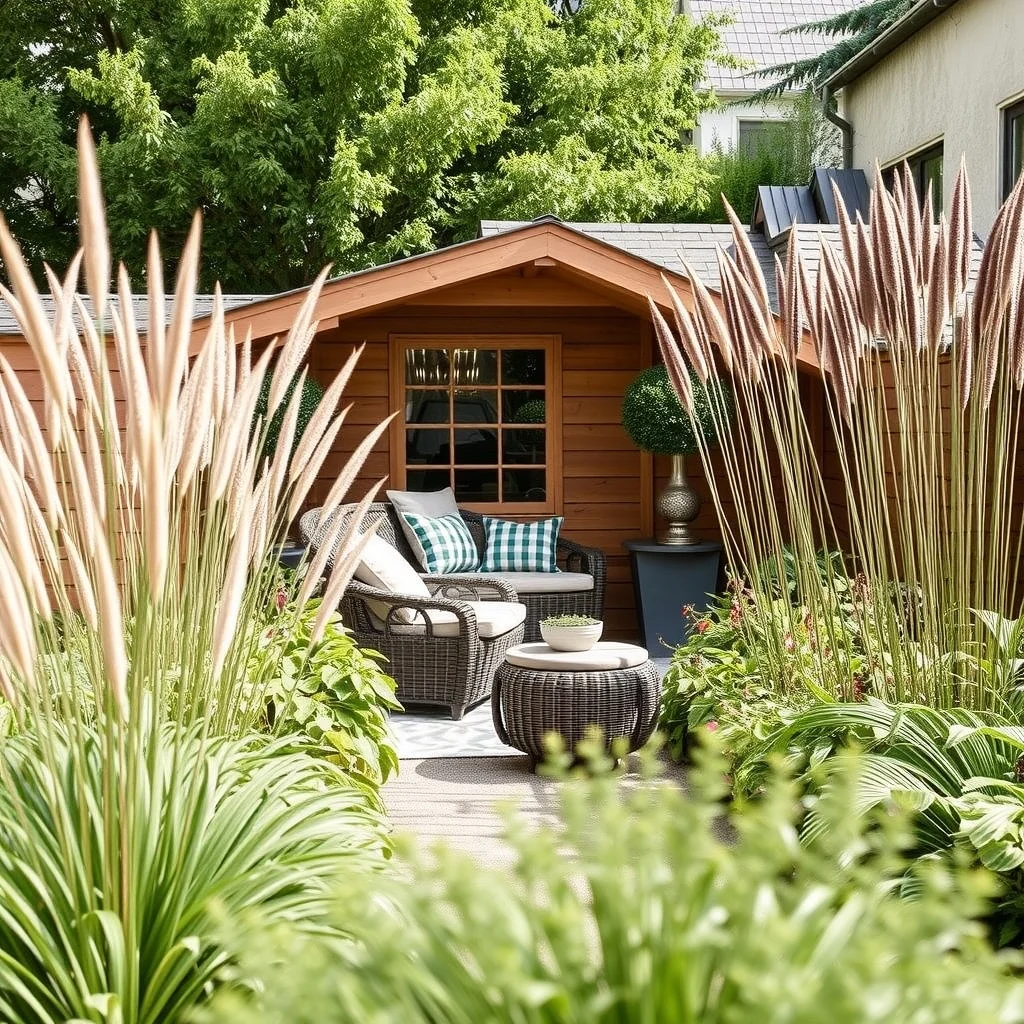Modern Cottage Garden Ideas for a Natural and Relaxed Outdoor Look: 7. Integrated Storage with Cedar Garden Sheds - A compact cedar shed tucked behind a row of ornamental grasses offers a discreet place to store garden tools, cushions, and seasonal décor. Cedar’s natural oils repel insects and resist rot, meaning the structure can