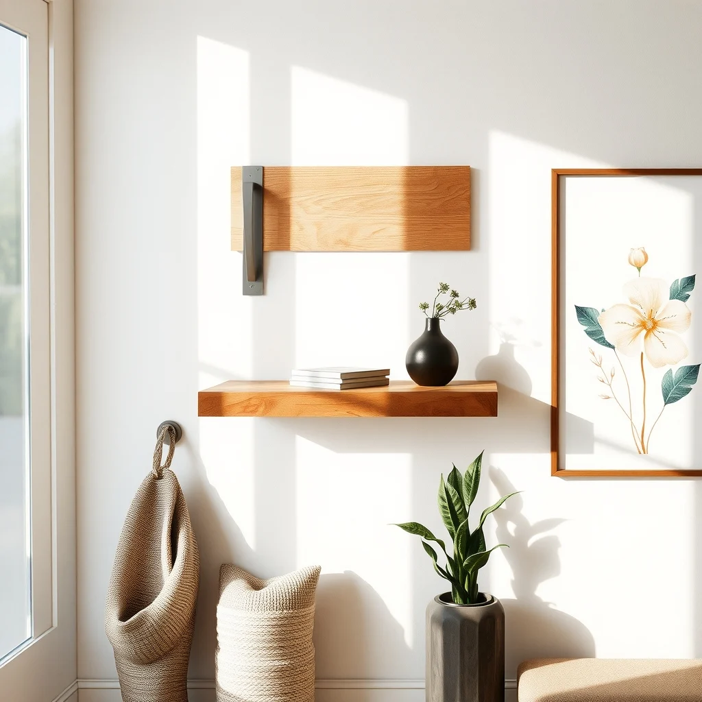 Modern entryway with brushed nickel bracket supporting a reclaimed oak wall mounted shelf positioned just above eye level warm timber contrasts sleek hardware soft natural light spills abstract botanical print on adjacent wall