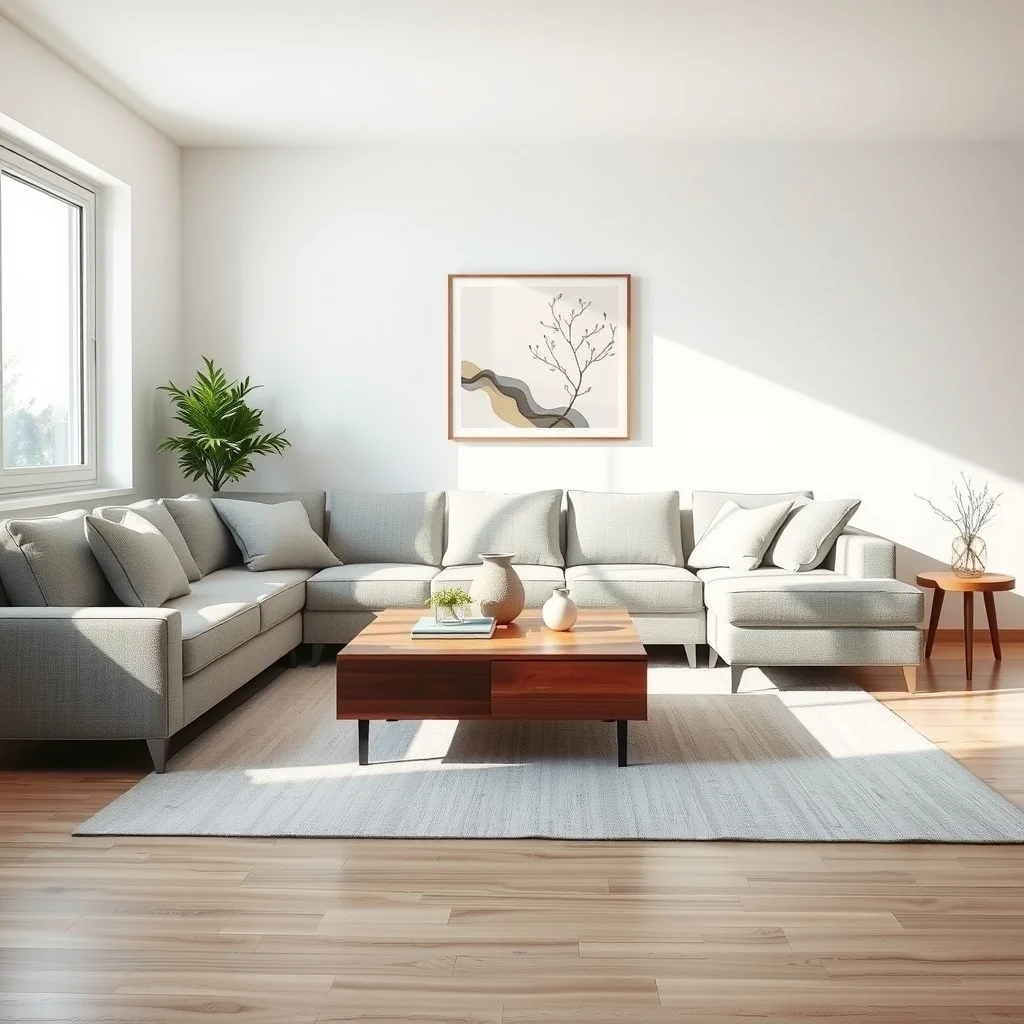 Modern living room light gray sectional sofa with concealed storage drawer sleek walnut coffee table soft white walls a single abstract botanical print natural daylight streaming from large window minimal accessories