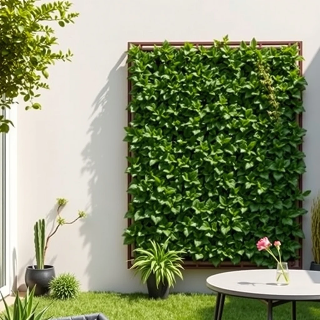 Modern living wall panel of rust proof aluminum with integrated drainage dense emerald foliage carpet bright daylight clean geometric lines vibrant contrast against neutral background wide shot showing modular arrangement