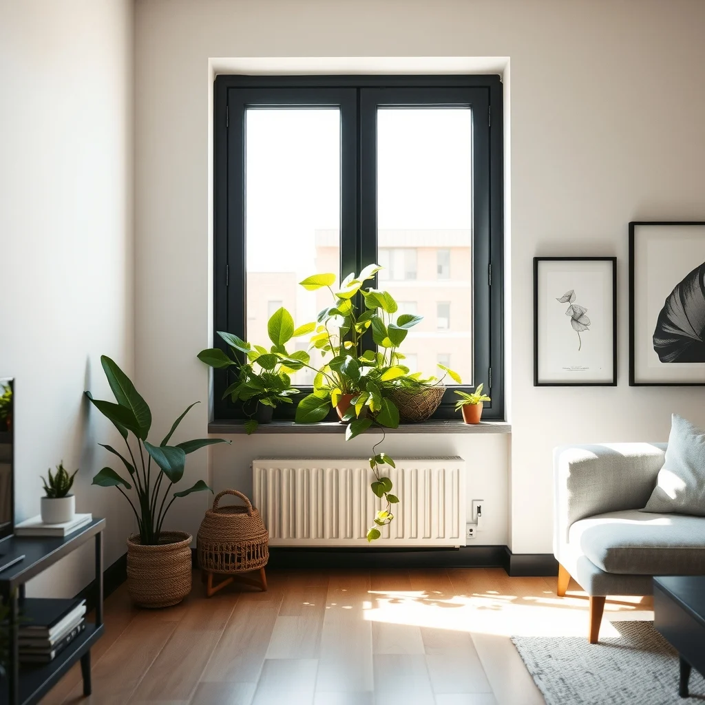 Modern loft window sill painted matte black narrow wooden trellis anchored climbing philodendron vines bright sunlit from floor