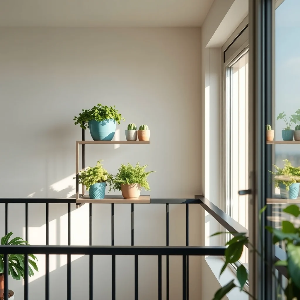 Modern minimal balcony with powder coated steel tiered shelves teal ceramic pots and lush green herbs lowest shelf lifted a few inches above a black railing bathed in soft morning light wide angle
