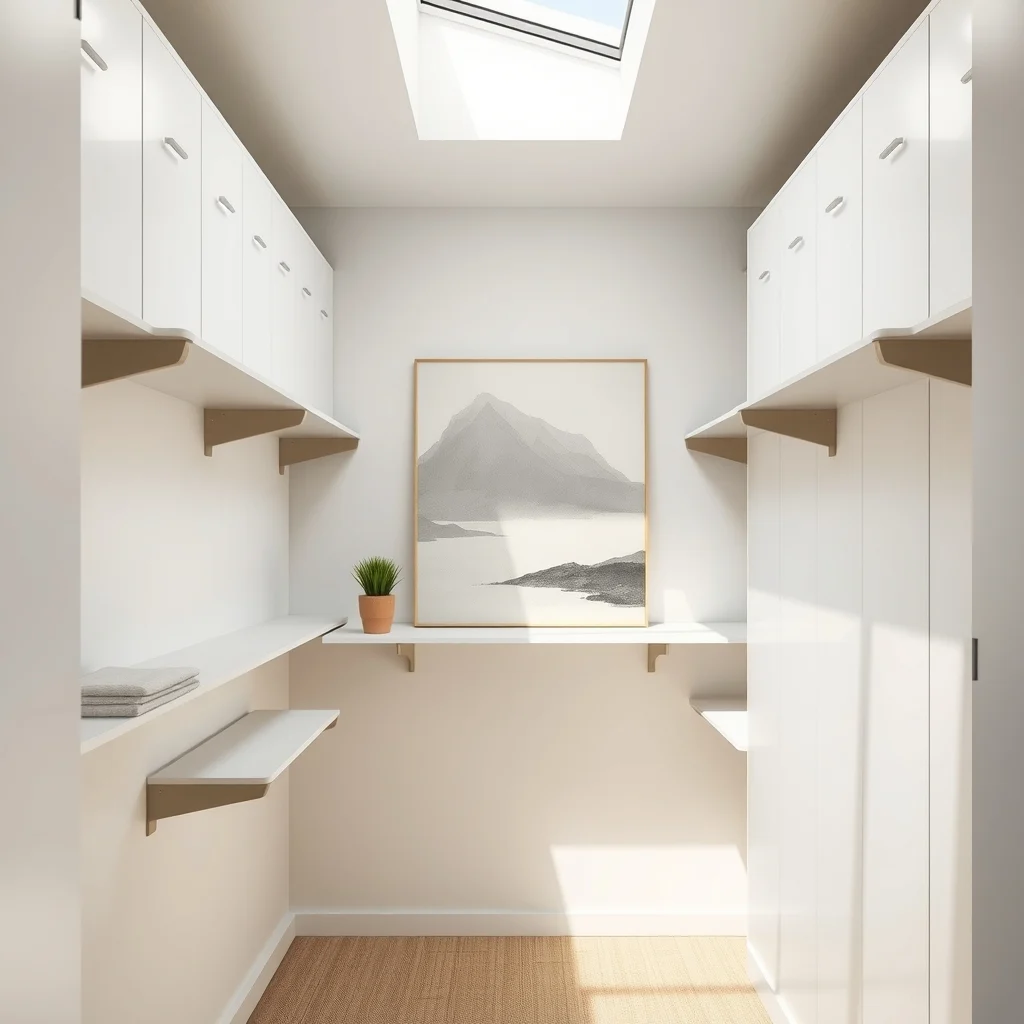 Modern minimalist closet interior with adjustable metal shelf supports matte white panels brushed steel brackets soft natural light from a skylight and a subtle abstract gray geometric print on the back wall