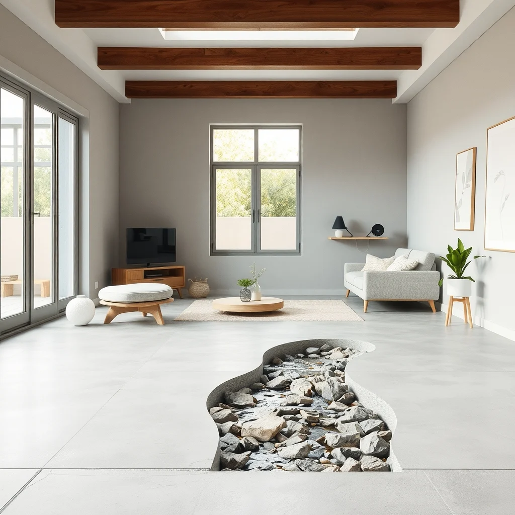Modern minimalist patio view of a smooth concrete slab edged with natural stone thin river
