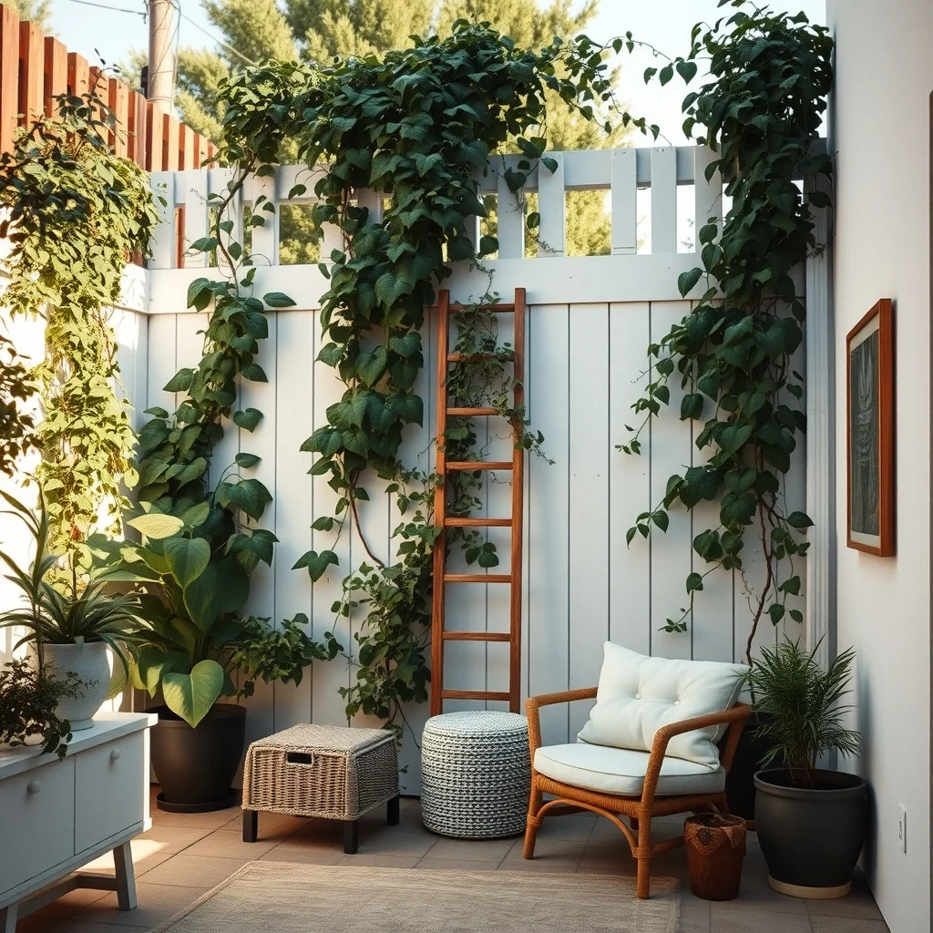 Modern rustic backyard shot wooden trellis leaning against a white fence dense green clematis vines spiraling upward soft golden afternoon light highlighting the texture low-angle wide view emphasizing vertical height