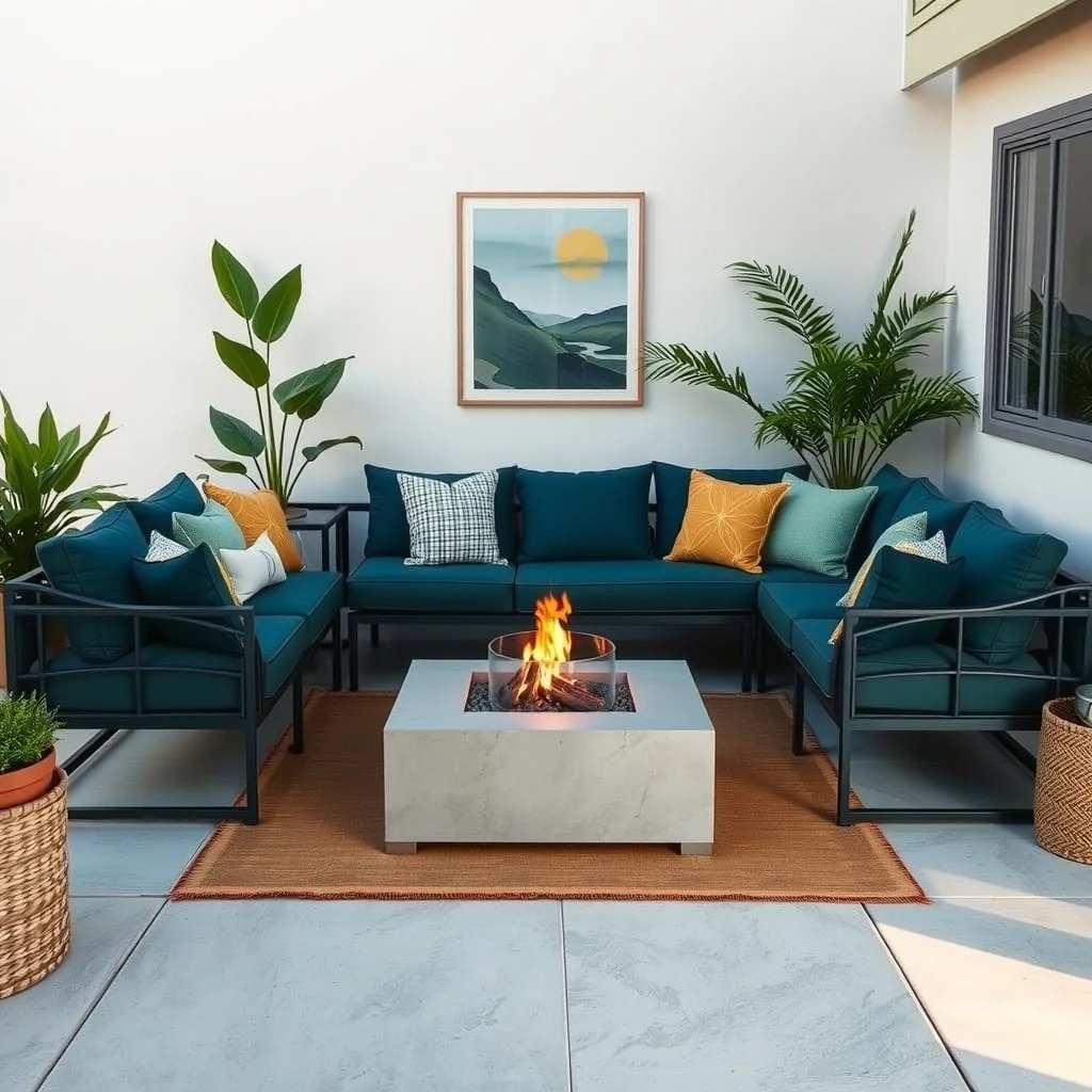 Modular outdoor sofa set on powder coated aluminum frames in deep teal cushioned in mustard and sage woven textiles low fire pit anchors zone evening light casts soft shadows defined lounge area