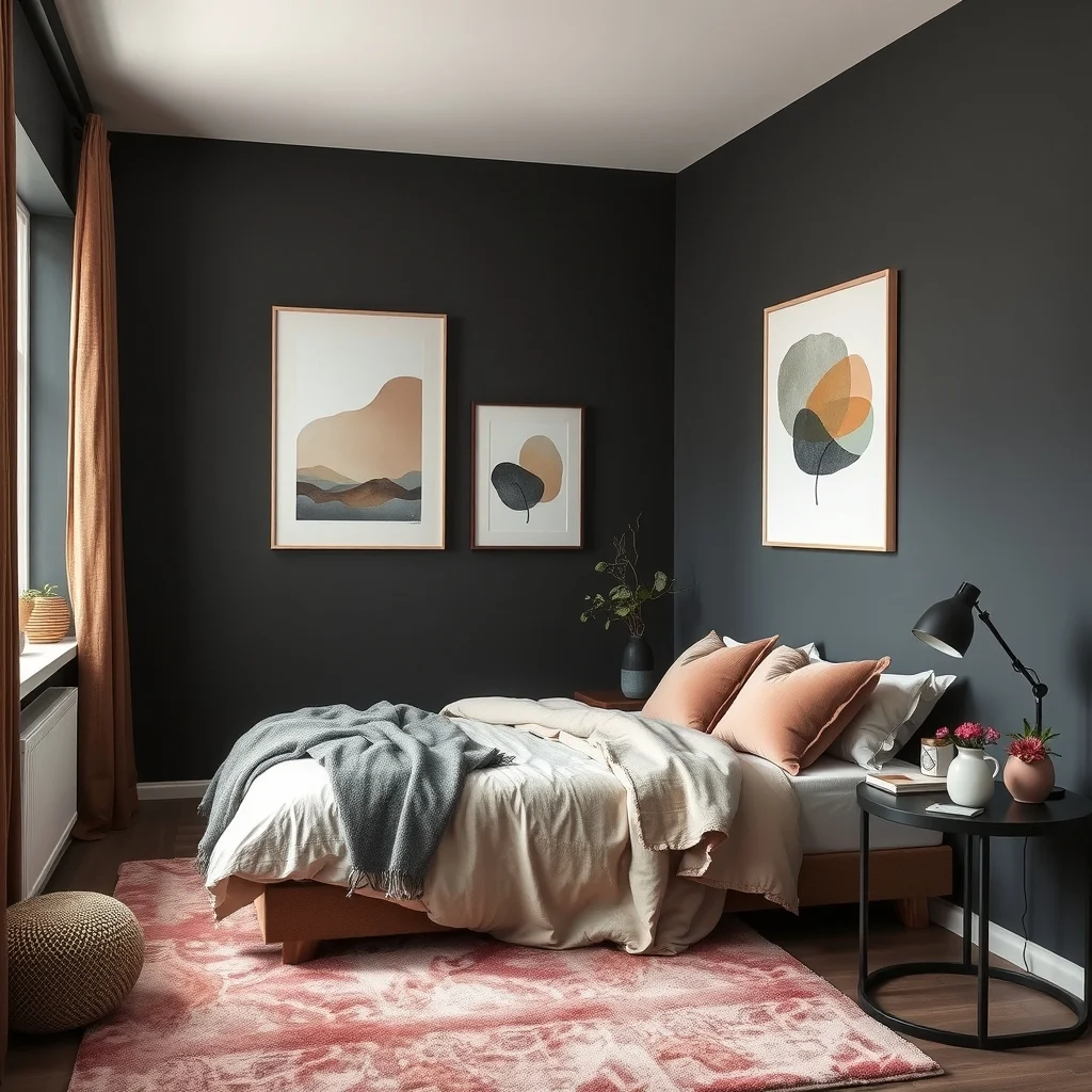 Moody bedroom wide angle warm charcoal walls blush velvet pillows blush rug sleek black metal bedside lamp minimal abstract typography art soft indirect ceiling lighting