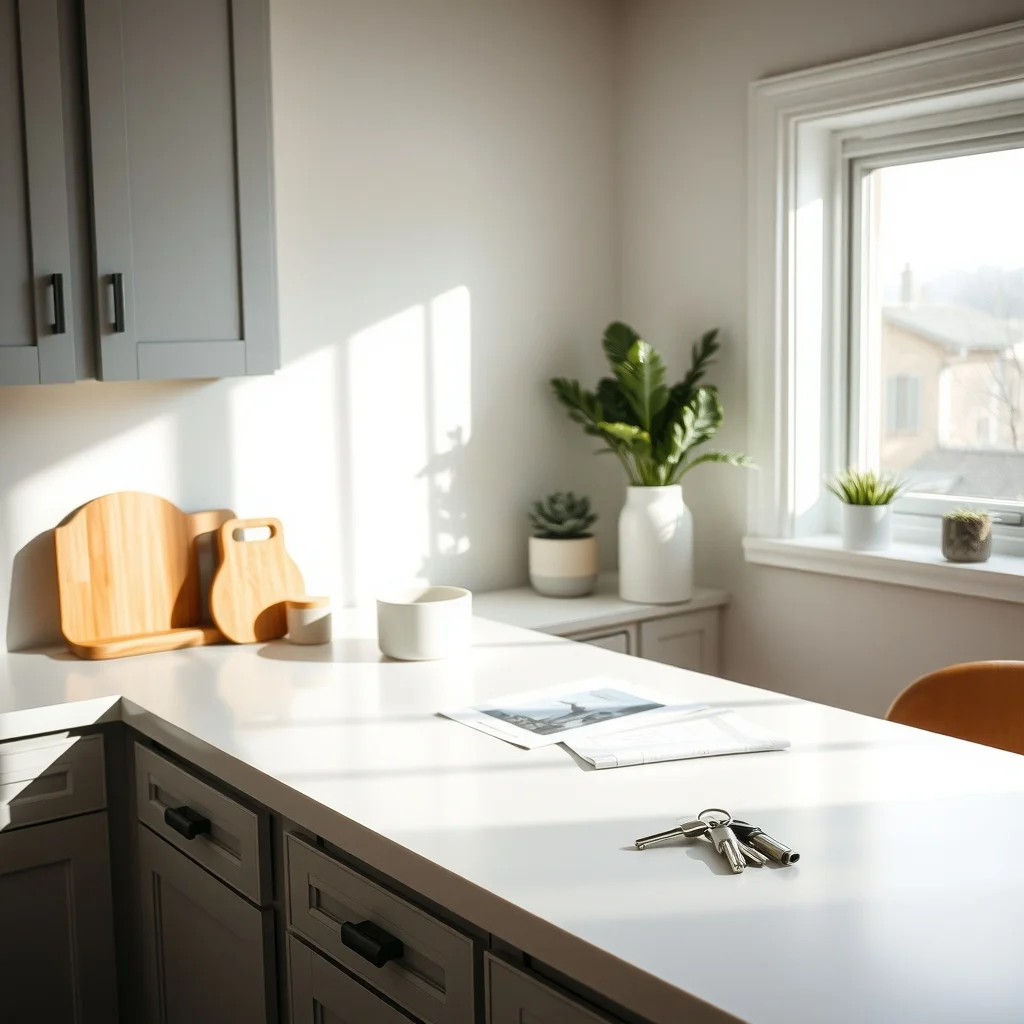 Morning light streams through a kitchen window onto a sleek white quartz countertop scattered mail and keys highlighted modern farmhouse style with soft gray cabinets walnut cutting board warm natural shadows