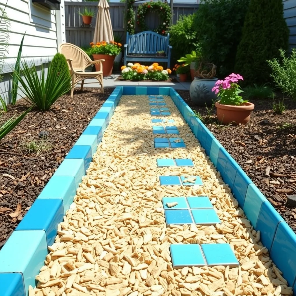 Mulched pathway of natural wood chip mulch flanked by bright teal ceramic tiles crisp daylight accentuates the contrast leading lines draw the eye down the colorful edging toward a flower bed