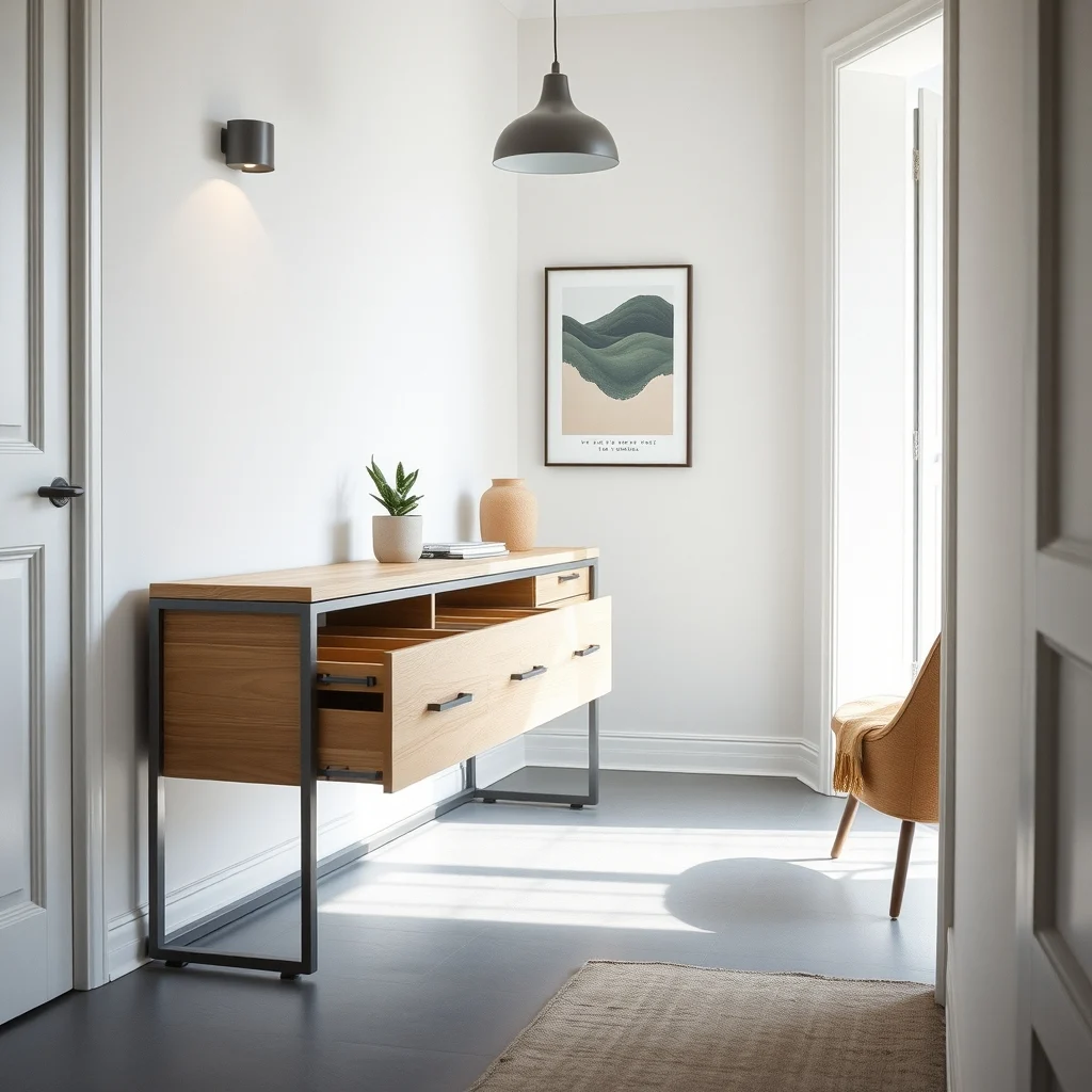 Narrow entryway console of brushed metal and light oak extendable drawers partially open revealing sleek black handles matte gray floor subtle pendant lighting small typographic wall quote beside