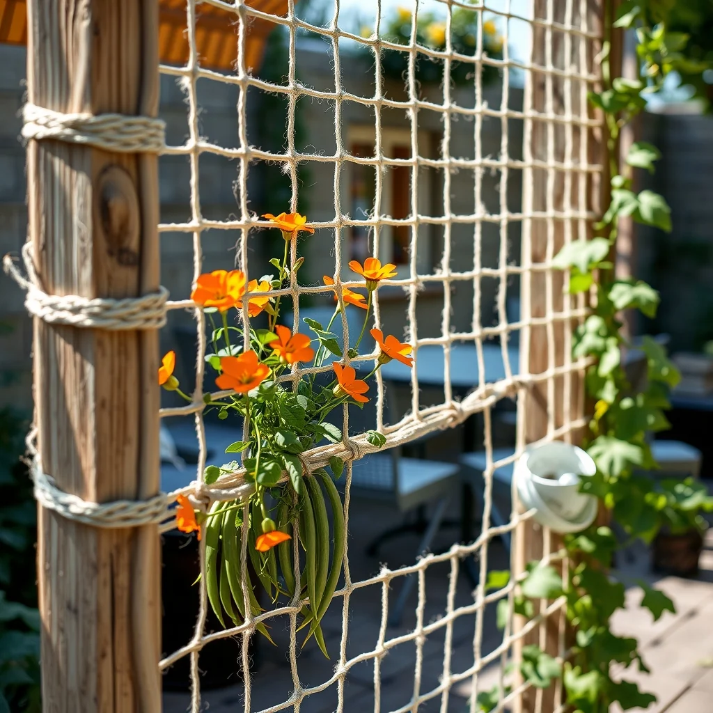 Natural hemp rope net stretched between two garden posts airy weave supporting bright orange nasturtiums and green beans breezy sunlight soft shadows close up focus on texture and plant movement